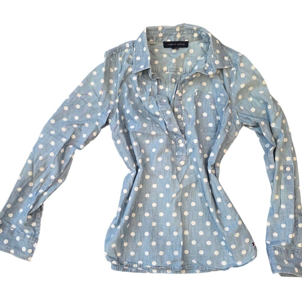 Tommy Hilfiger blue chambray polka dot popover blouse sz S
